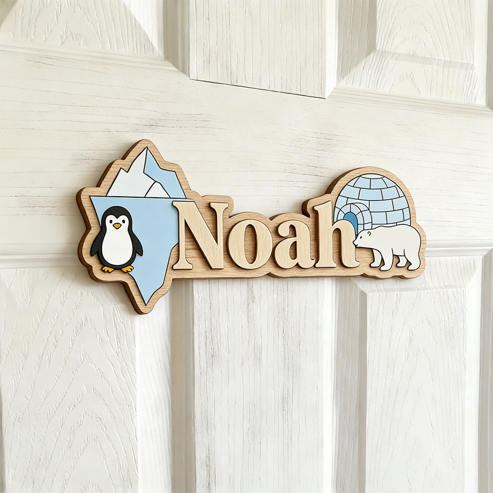 Home Decor Wall Pictures - ป้ายชื่อสั่งทำรูปเพนกวินอาร์กติกและหมีขั้วโลก ตกแต่งผนังห้องเด็ก ลายถ้ำน้ำแข็ง แผ่นไม้สลักชื่อส่วนตัวสำหรับห้องเด็ก