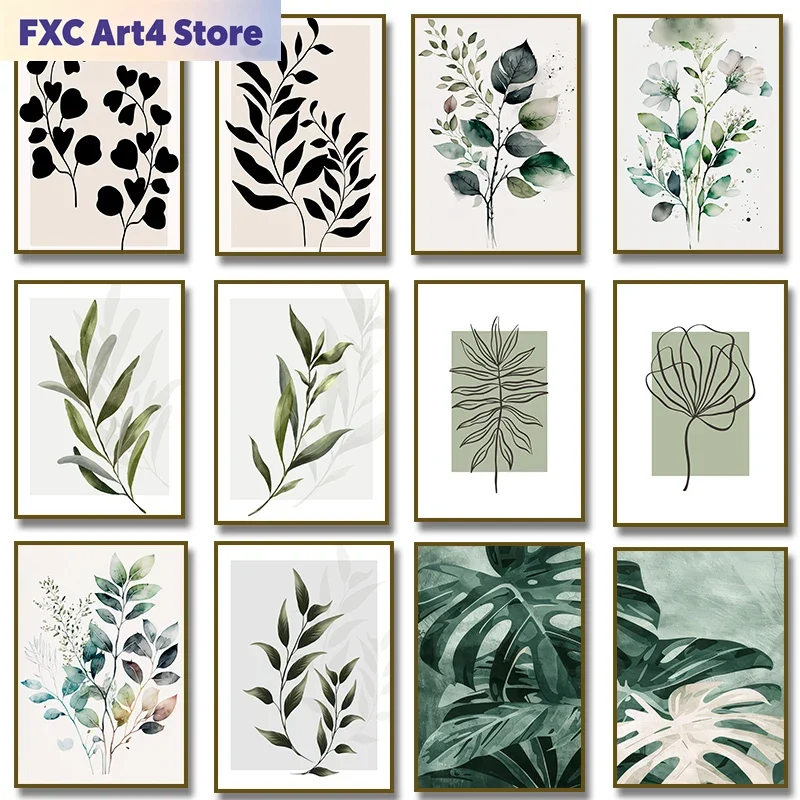 Home Decor Green - ภาพพิมพ์โปสเตอร์ติดผนังลายพฤกษศาสตร์สีเขียวเซจแบบไร้กรอบ ภาพพิมพ์บนผ้าใบสำหรับตกแต่งห้องนอน ห้องนั่งเล่น และบ้าน