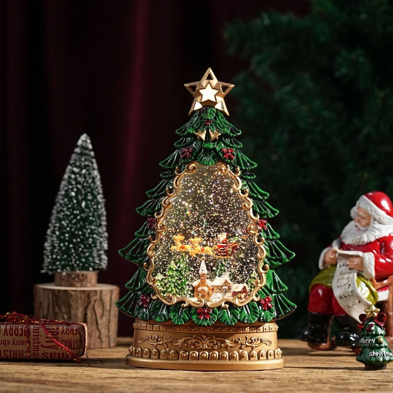 Home Decor Xmas Tree - กล่องดนตรีลูกโลกหิมะ ตกแต่งต้นคริสต์มาสซานตาคลอส พร้อมไฟหมุนและแสงหิมะตก ของขวัญตกแต่งบ้านและสำนักงานสำหรับเทศกาลคริสต์มาส