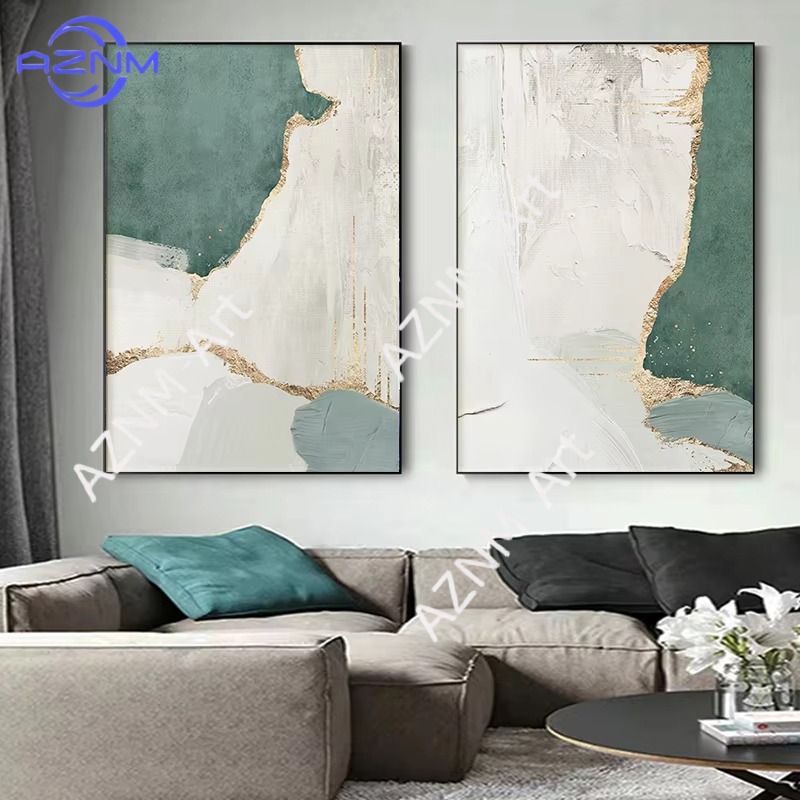 Home Decor Green - ภาพวาดบนผืนผ้าใบลายกราฟฟิกนามธรรมสมัยใหม่ 1/2 ชิ้น ประดับด้วยทองคำเปลว สีเขียว สีน้ำตาล