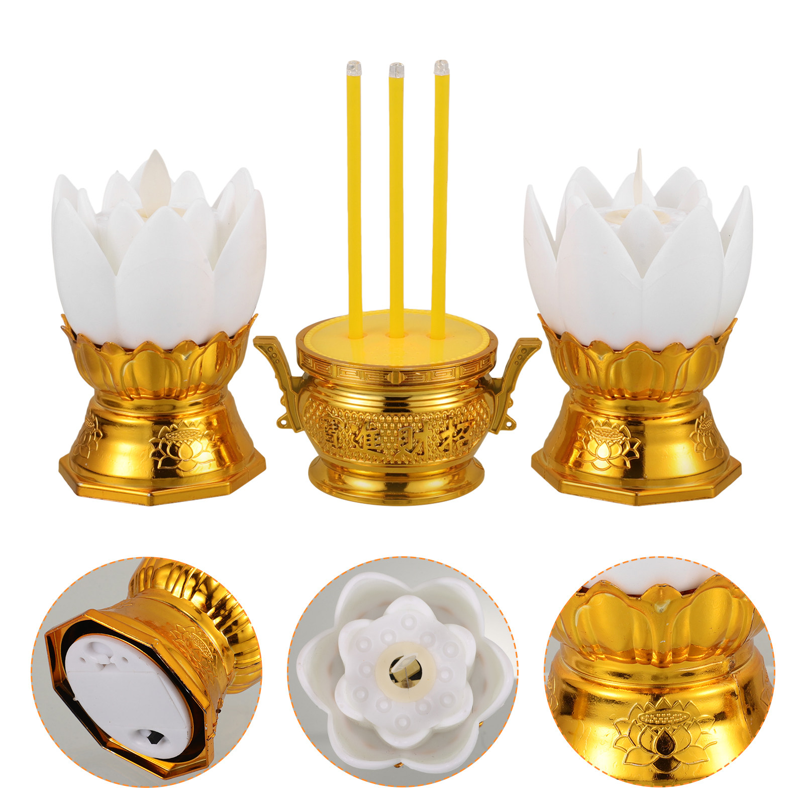 Incense Stick Holder - ชุดโคมไฟจำลองรูปดอกบัว LED พร้อมที่วางธูปไฟฟ้า อุปกรณ์ตกแต่งสำหรับพิธีทางศาสนา
