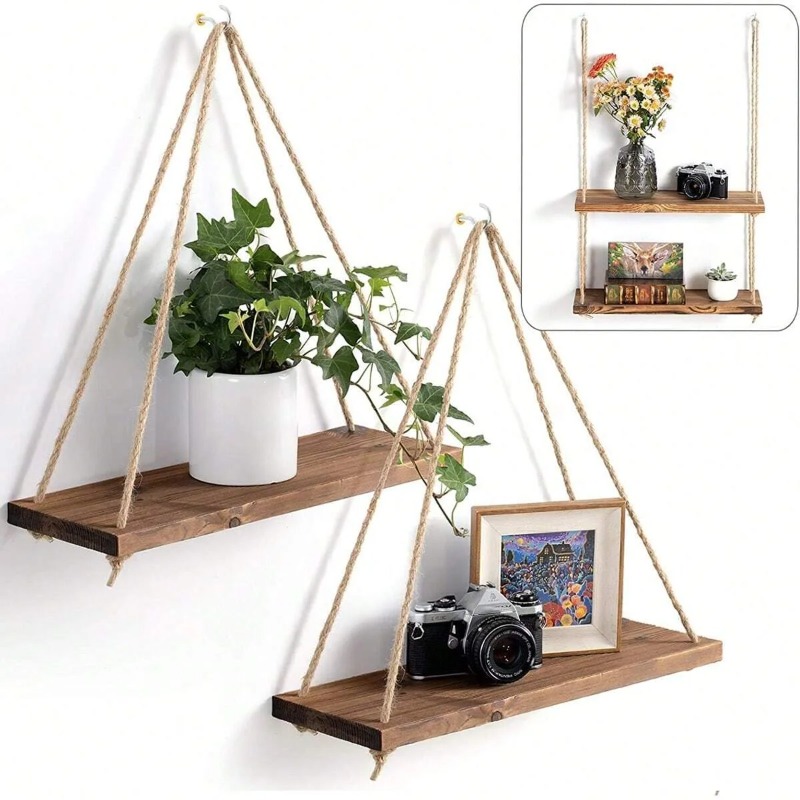 Floating Shelves - 1PC ไม้ Swing แขวนเชือกกัญชาชั้นวางติดผนังลอยห้องนั่งเล่นดอกไม้หม้อถาดเก็บตกแต่งสวน