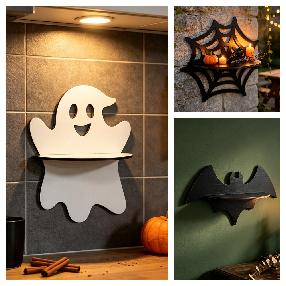 Floating Shelves - ชั้นวางของติดผนังฮาโลวีน ไม้รูปผี ค้างคาว ใยแมงมุม ชั้นวางของแบบลอยตัว ตกแต่งบ้านสไตล์โกธิคสำหรับงานปาร์ตี้