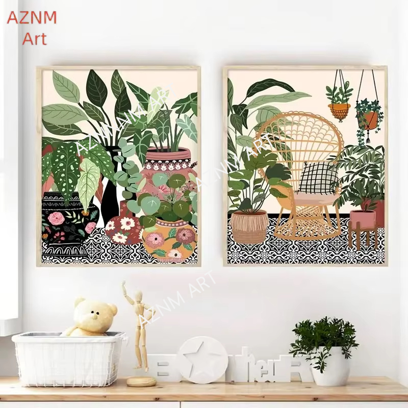 Home Decor Green - ภาพวาดศิลปะติดผนังสมัยใหม่ ภาพพิมพ์บนผ้าแคนวาส สไตล์นอร์ดิก กรีก ลายกระเบื้อง พืชในบ้าน