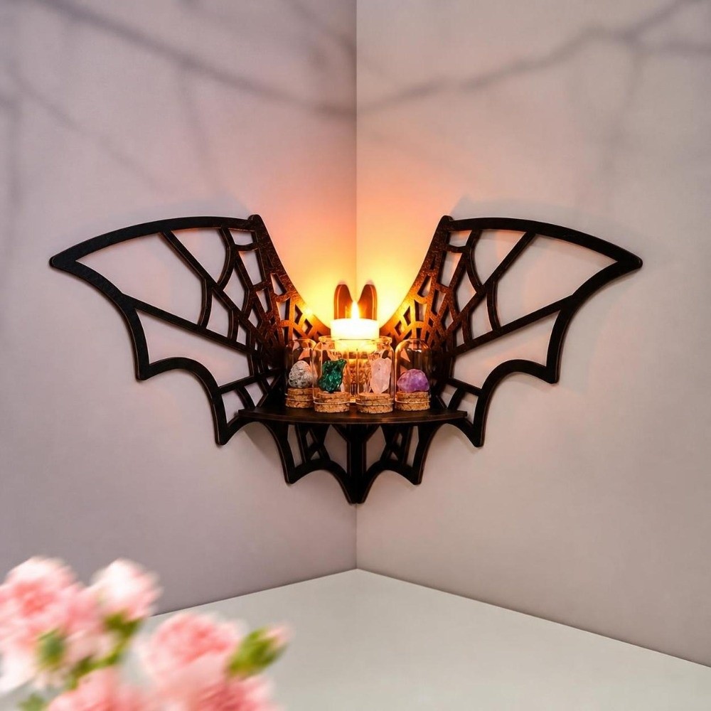 Floating Shelves - ชั้นวางของติดผนังแบบลอยตัวลายไม้โปร่ง รูปทรงค้างคาวสีดำ ดีไซน์สร้างสรรค์ สำหรับใช้ในร่ม