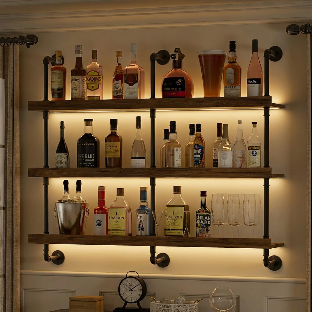 Floating Shelves - ชั้นวางไวน์ติดผนังพร้อมไฟ LED แบบสามชั้น ชั้นวางลอยสำหรับจัดแสดงและเก็บขวดเหล้า ที่วางไวน์สไตล์โมเดิร์นสำหรับห้องครัว บาร์ในบ้าน