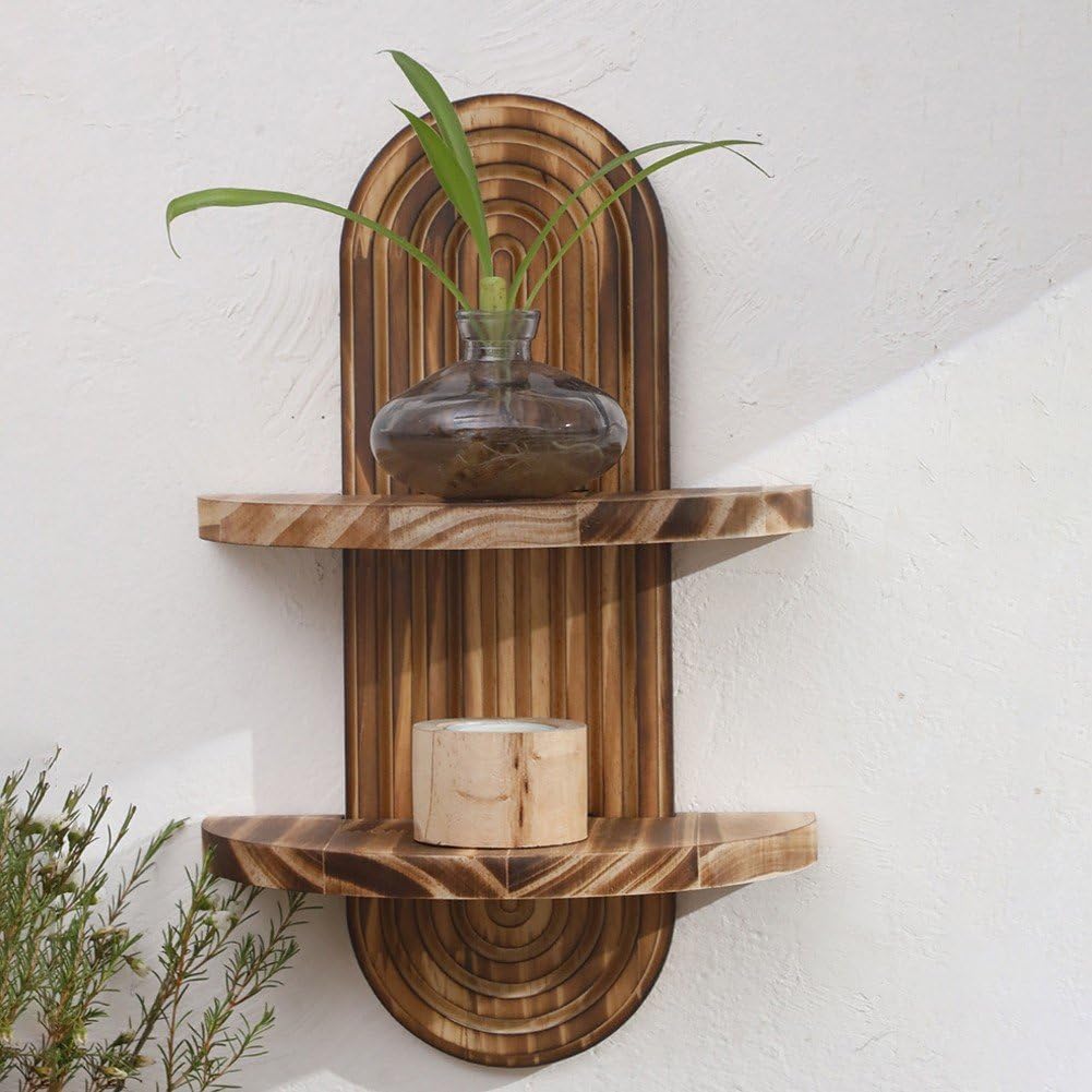 Floating Shelves - ชั้นวางของแขวนผนังลายโบฮีเมียน 2 ชั้น ชั้นวางไม้ลอยตกแต่งสไตล์มิดเซ็นจูรี่ สีน้ำตาล สำหรับจัดเก็บของในบ้านหลายจุด