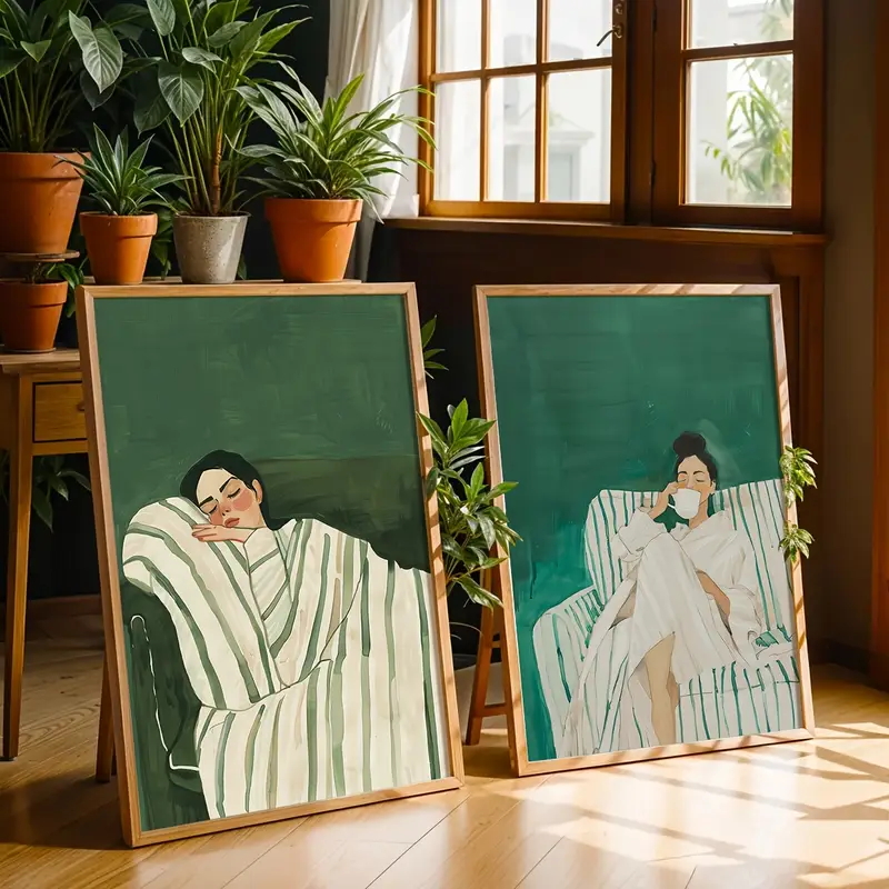 Home Decor Green - 2 ชิ้น/ชุด ภาพวาดนามธรรม ลายเส้นสีเขียวมรกต ภาพผู้หญิงบนผืนผ้าใบ โปสเตอร์มินิมอล