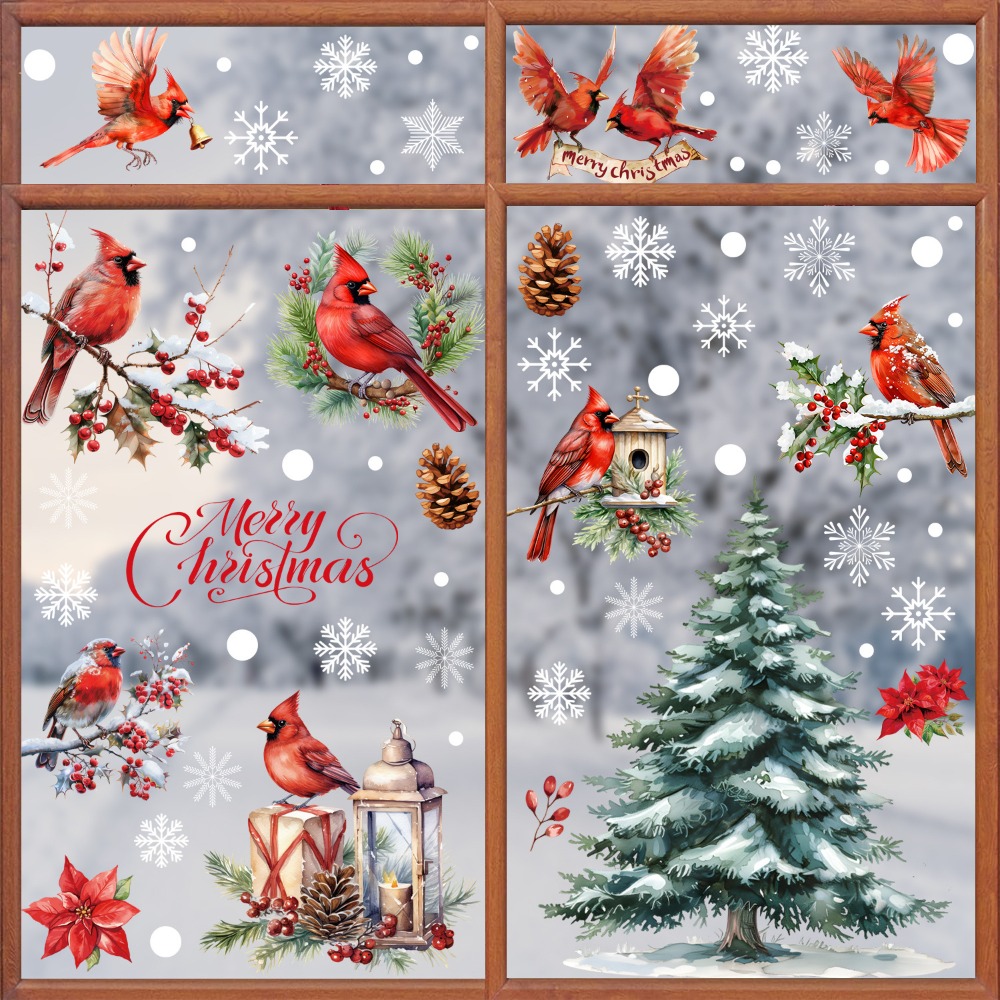 Home Decor Xmas Tree - สติ๊กเกอร์ตกแต่งหน้าต่างคริสต์มาส 9 ชิ้น ลายคาร์ดินัล นก หิมะ