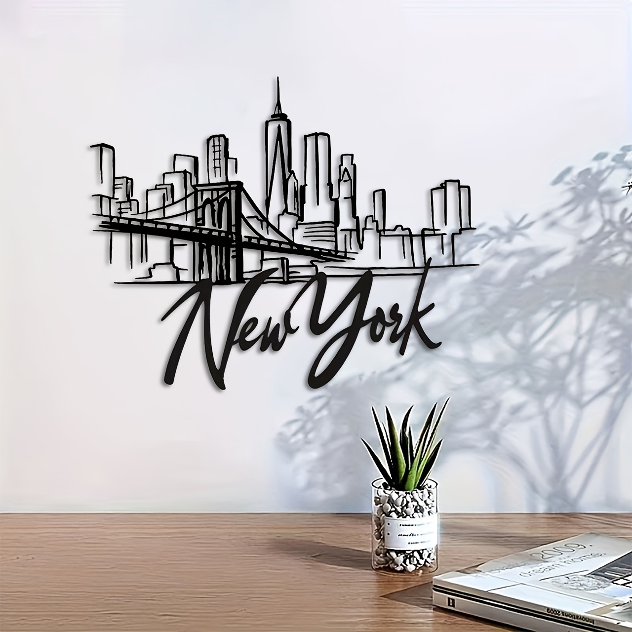 Home Decor New York - CIFBUY งานศิลปะติดผนังโลหะ ลายเส้นสีขาวดำของนิวยอร์กซิตี้ บรูคลินบริดจ์ ตกแต่งบ้านสไตล์มินิมอลทันสมัยสำหรับห้องนั่งเล่น