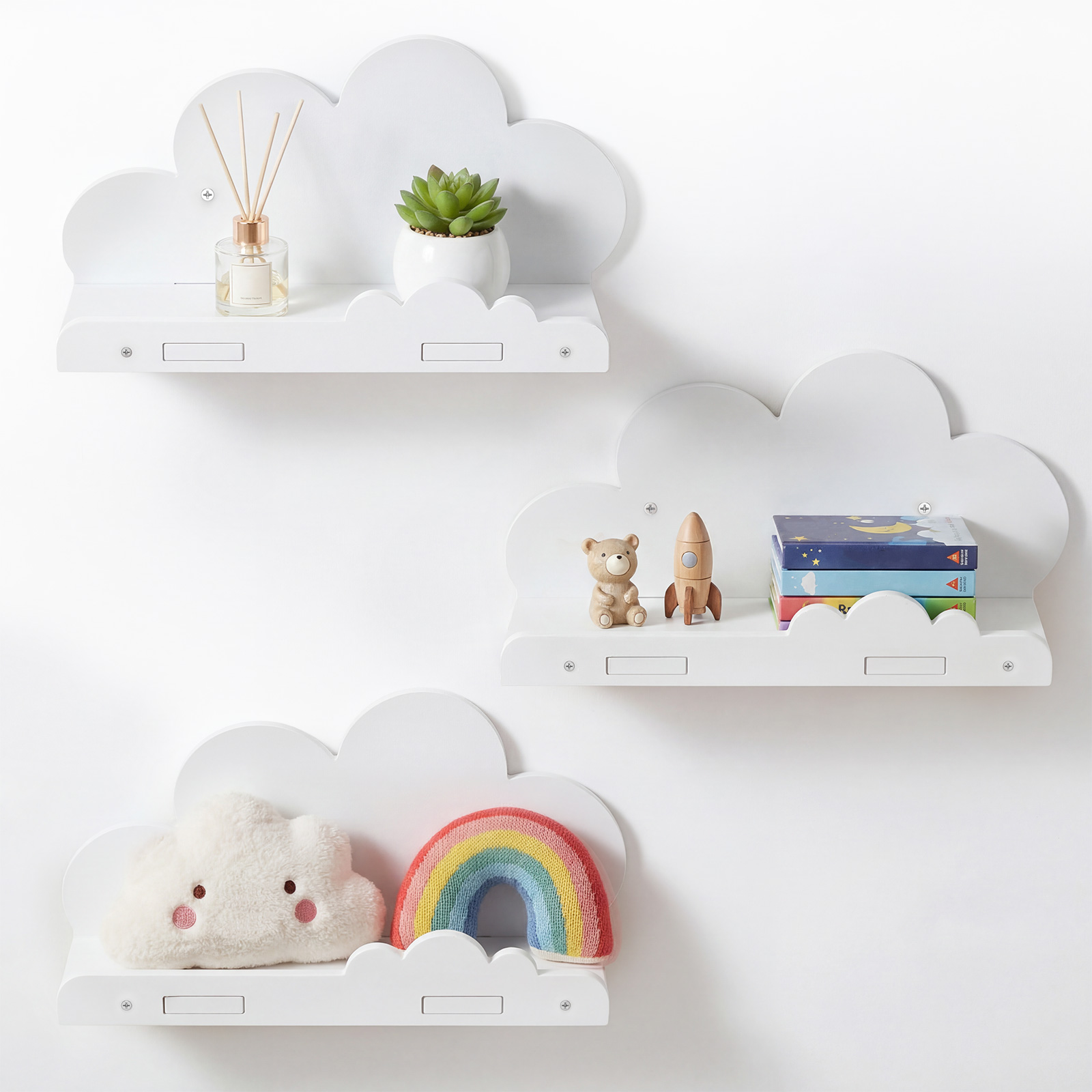 Floating Shelves - ชั้นวางของติดผนังรูปทรงเมฆ 3 ชิ้น ชั้นวางของไม้สำหรับเก็บของเล่น หนังสือ พร้อมสกรู