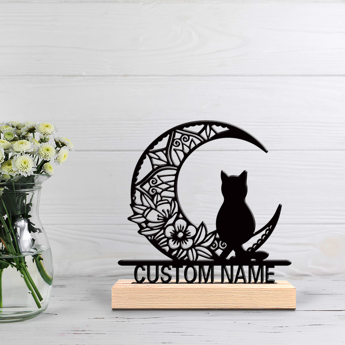 Home Decor Handicraft - งานฝีมือโลหะรูปแมวพระจันทร์แบบนามธรรม 1 ชิ้น พร้อมข้อความส่วนตัว ฐานไม้ ตกแต่งบ้าน