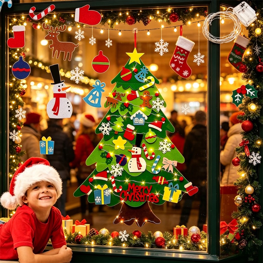 Home Decor Xmas Tree - ต้นคริสต์มาสทำเองจากผ้าสักหลาดพร้อมเครื่องประดับที่ถอดออกได้ ของตกแต่งแขวนผนังปีใหม่ ของขวัญคริสต์มาสสำหรับเด็กเล็กและของตกแต่งบ้านสำหรับครอบครัว