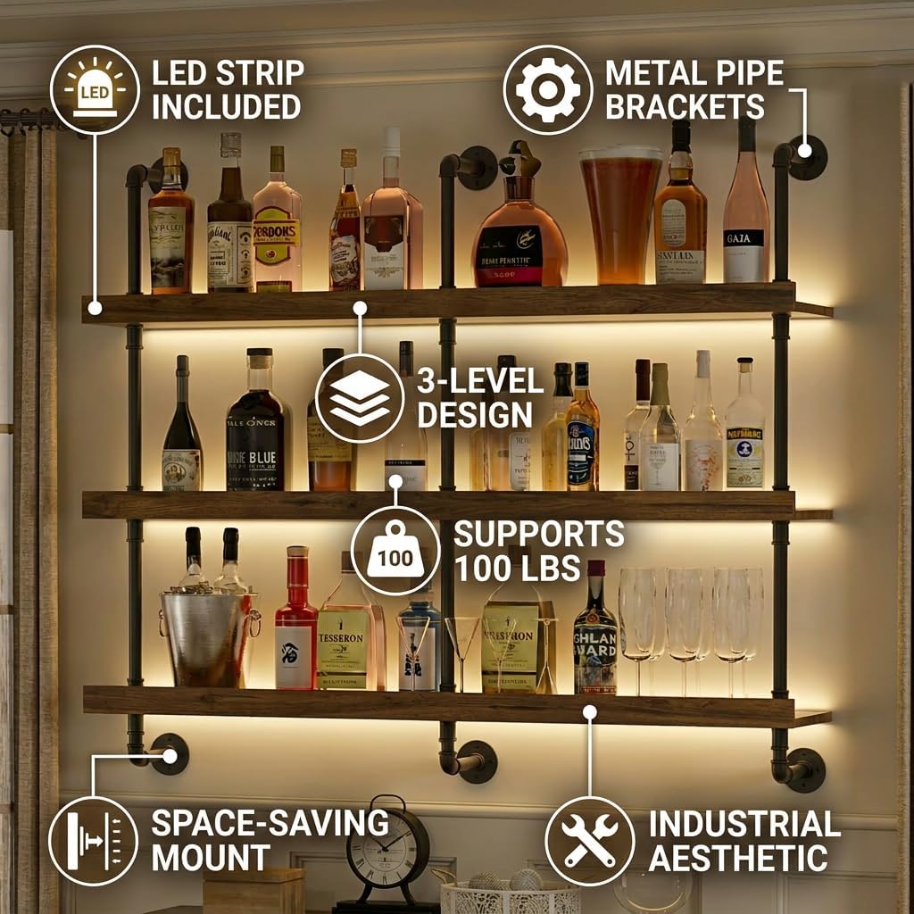 ชั้นวางไวน์ติดผนังพร้อมไฟ LED  - Floating Shelves บทวิจารณ์และราคา